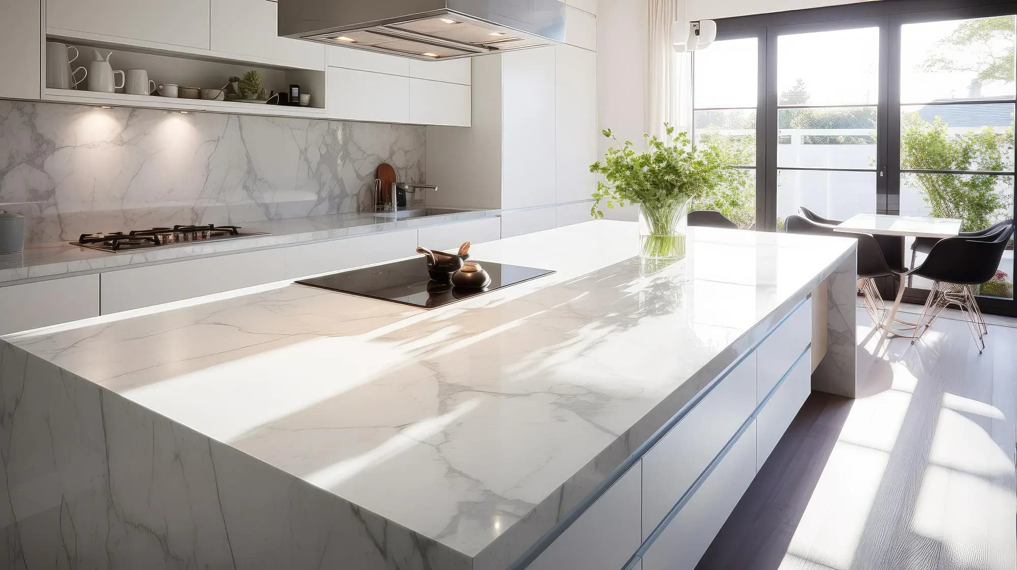 White marble-look kitchen island